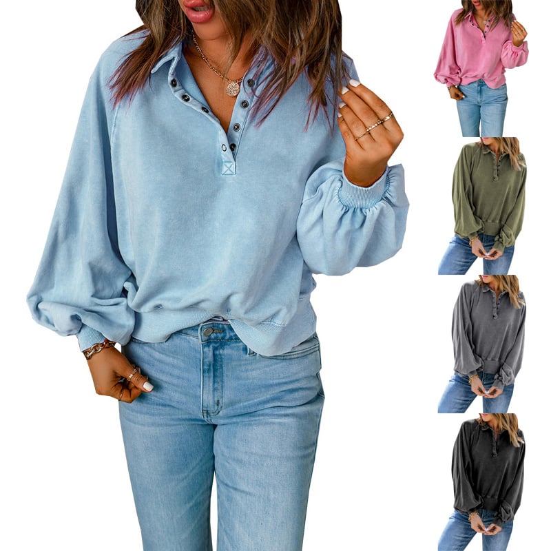 Blue-Dyed Long-Sleeve V-Neck Pullover Sweatshirt