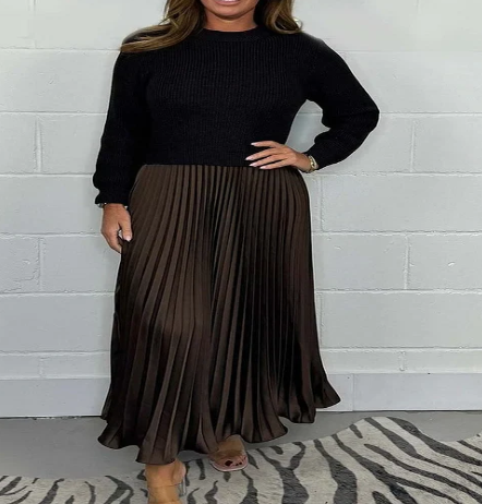 Two-Piece Long-Sleeve Pleated Skirt Jumper Set