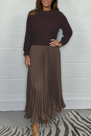 Two-Piece Long-Sleeve Pleated Skirt Jumper Set