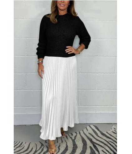Two-Piece Long-Sleeve Pleated Skirt Jumper Set
